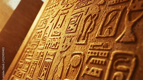 Ancient Egyptian hieroglyphics carved on stone discovered in a tomb at sunset
