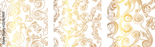  Set of three seamless golden ornamental patterns with intricate swirling vines and floral elements on a white background. The elegant gold line art gives a luxurious and decorative touch, making it i