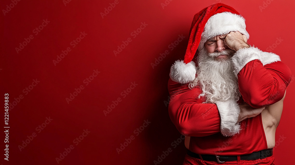 A muscular man in a red suit looks stressed and tired, holding his head with one hand against a solid red background. The image evokes a feeling of exhaustion and the pressures of the holiday season. A muscular man in a red suit looks stressed and tired, holding his head with one hand against a solid red background. The image evokes a feeling of exhaustion and the pressures of the holiday season.
