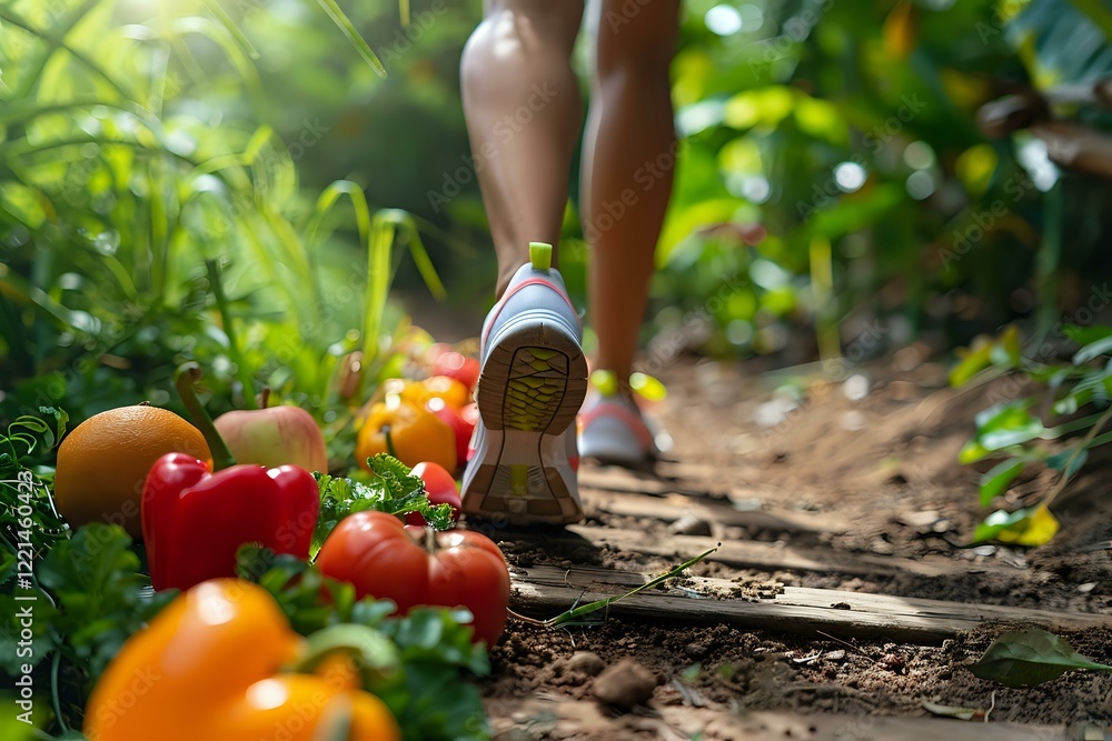Fototapeta premium Fresh vegetables in organic garden with runner's feet on dirt path, healthy lifestyle concept. Perfect for wellness, farm-to-table, and fitness marketing.