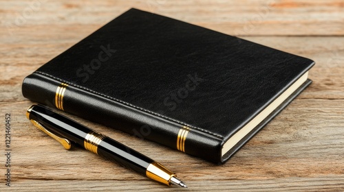 Black Leather Notebook and Gold Pen on Wooden Desk