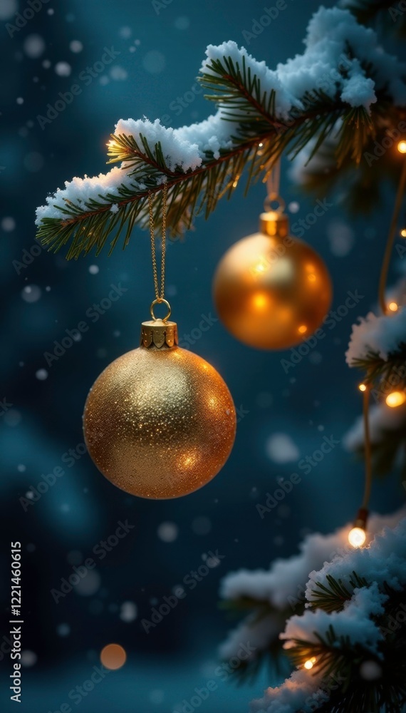 Glittering golden ornaments hang from a dark tree branch, snowy night, festive Glittering golden ornaments hang from a dark tree branch, snowy night, festive