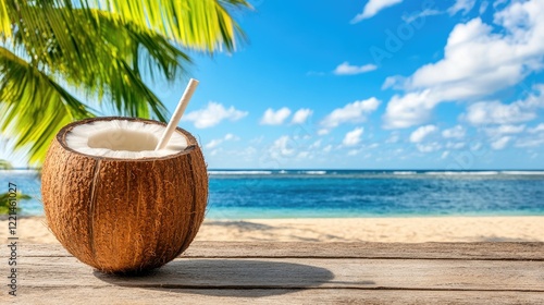 Wallpaper Mural Brown Coconut Drink with Straw on Tropical Beach with Blue Ocean and Palm Tree Torontodigital.ca