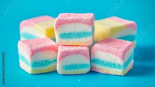 Colorful Pastel Marshmallows on Blue Background for Food or Party Decorations