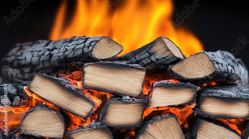 Close Up of Burning Wood and Embers Glowing with Intense Orange and Yellow Flames Against a Dark Background photo