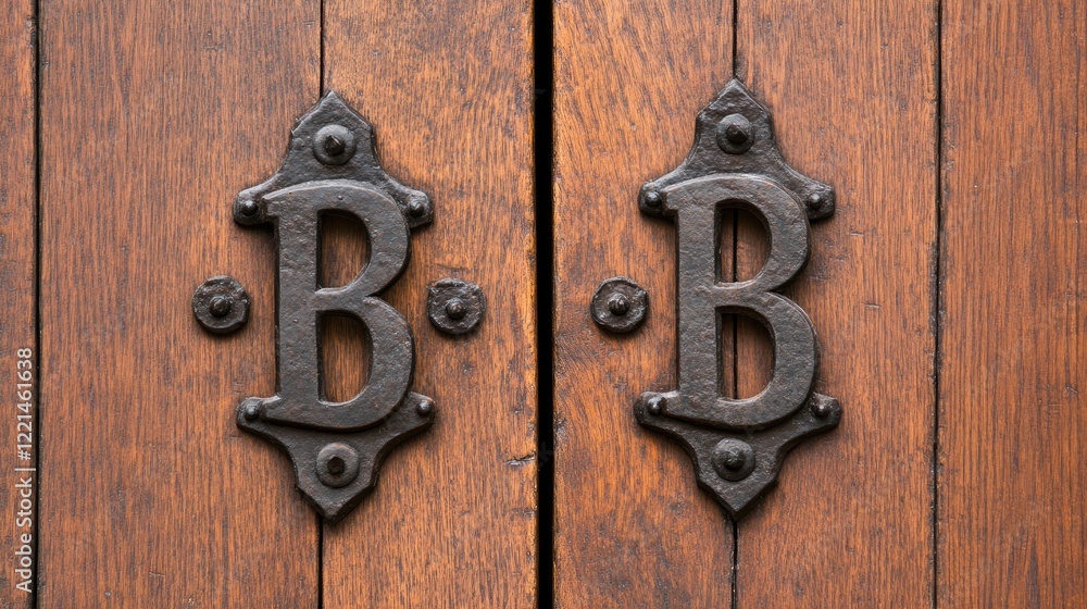 Close Up Of Two Ornate Black Metal Letter Bs On A Rich Brown Wooden Door Close Up Of Two Ornate Black Metal Letter Bs On A Rich Brown Wooden Door
