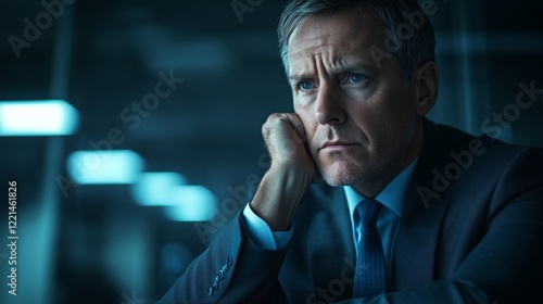 Contemplative business executive in dimly lit office reflecting on challenges