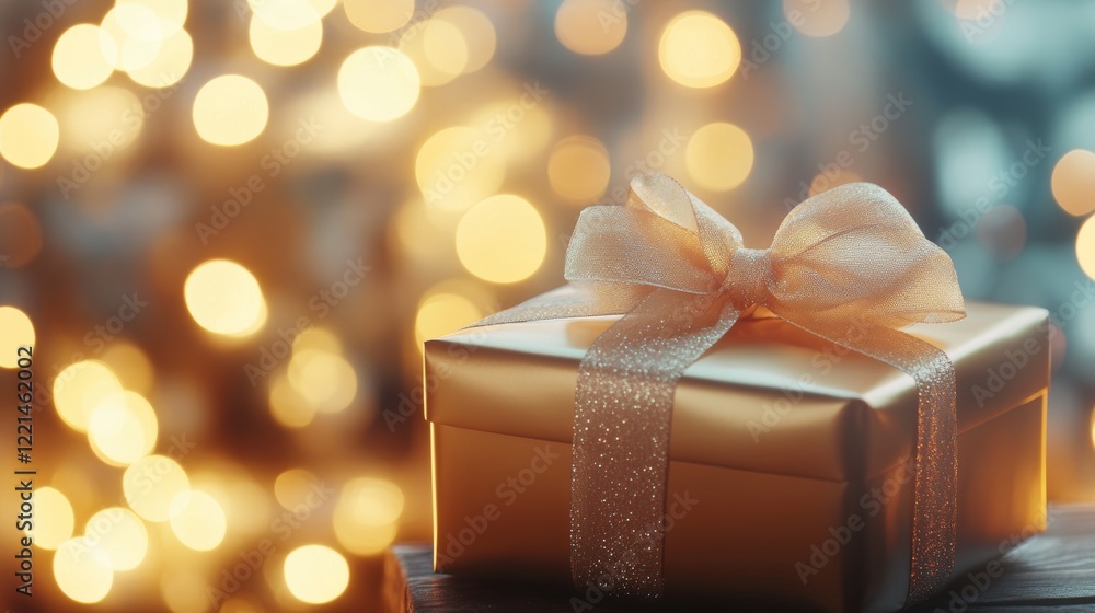Elegant Golden Gift Box with Satin Ribbon on Dreamy Bokeh Background, perfect for luxury product packaging, gift giving, and e-commerce presentations Elegant Golden Gift Box with Satin Ribbon on Dreamy Bokeh Background, perfect for luxury product packaging, gift giving, and e-commerce presentations