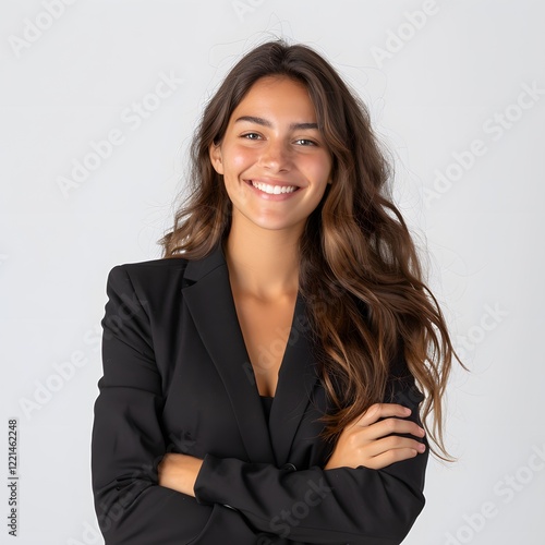 Confident businesswoman smiling studio portrait, arms crossed, white background, professional headshot