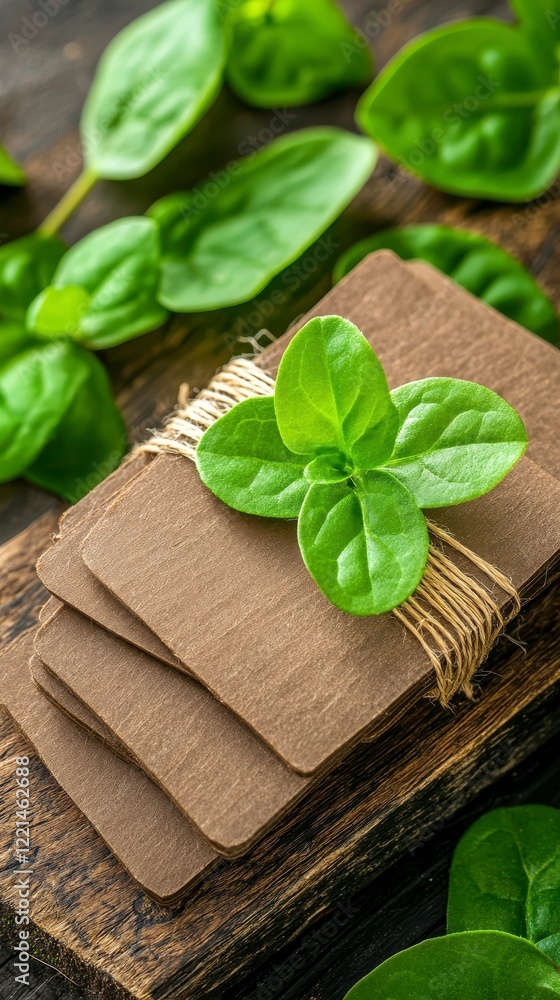 A stack of brown seed packets tied with twine, surrounded by fresh green spinach leaves on a rustic wooden surface. A stack of brown seed packets tied with twine, surrounded by fresh green spinach leaves on a rustic wooden surface.