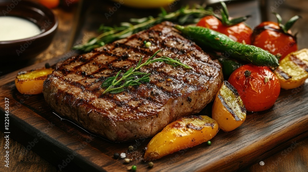 Grilled steak with rosemary, peppers, and tomatoes on a wooden platter Grilled steak with rosemary, peppers, and tomatoes on a wooden platter