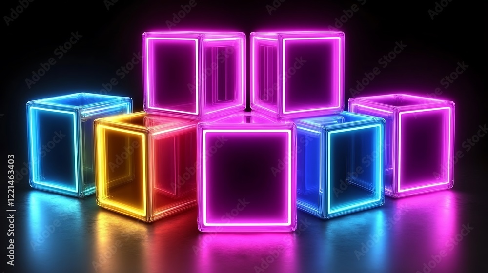 Abstract blocks with glowing edges stacked in a surreal composition. Abstract blocks with glowing edges stacked in a surreal composition.