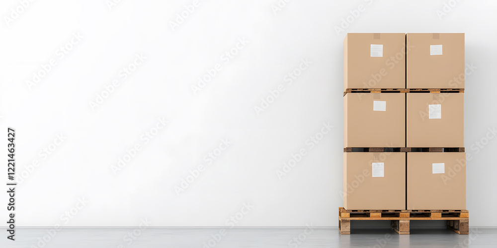 Six cardboard boxes stacked on two wooden pallets against a white wall. Ready for shipping or storage. Simple, clean background. Six cardboard boxes stacked on two wooden pallets against a white wall. Ready for shipping or storage. Simple, clean background.
