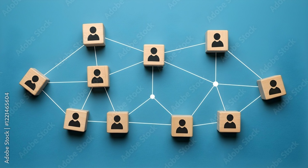 Wooden blocks with user icons, connected by white lines, social network concept, organizational structure, blue background. Wooden blocks with user icons, connected by white lines, social network concept, organizational structure, blue background.