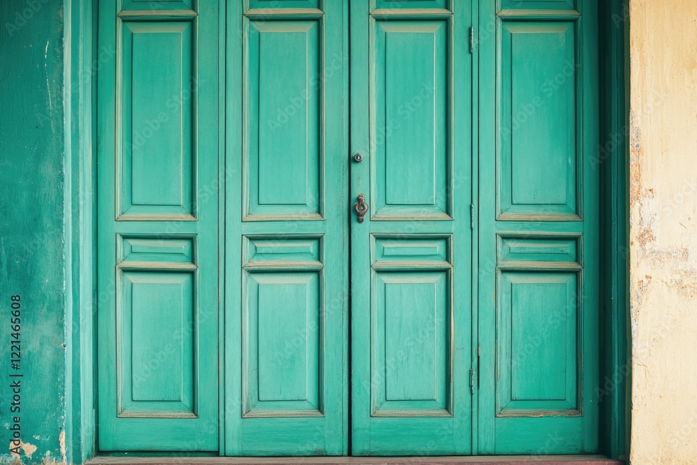 A cat sits in front of a green door, waiting for something to happen A cat sits in front of a green door, waiting for something to happen