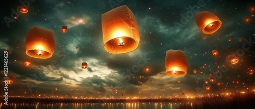 A vibrant nighttime festival scene featuring glowing red lanterns floating in the sky.