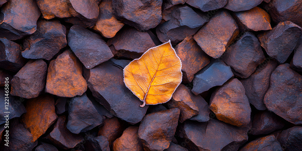 Single autumn leaf rests amongst a bed of dark, richly-colored rocks. A study in contrasting textures and colors, evoking a sense of quiet solitude. Single autumn leaf rests amongst a bed of dark, richly-colored rocks. A study in contrasting textures and colors, evoking a sense of quiet solitude.
