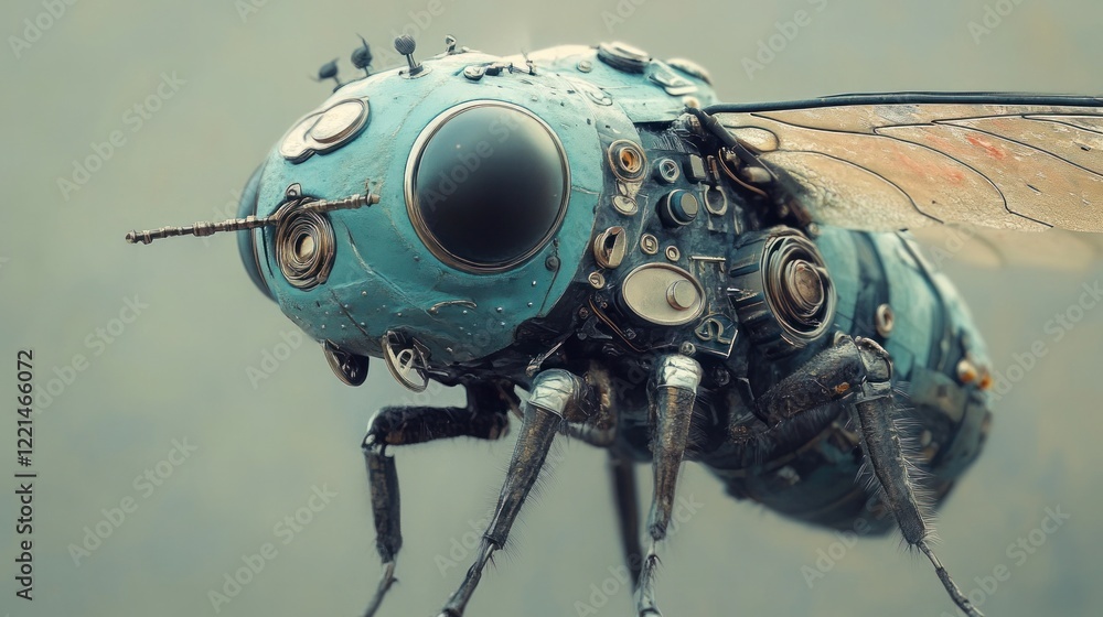 Fototapeta premium Close up of a bizarre mechanical insect like cyborg creature with a futuristic robotic aesthetic The detailed intricate design features a variety of metal gears circuits sensors
