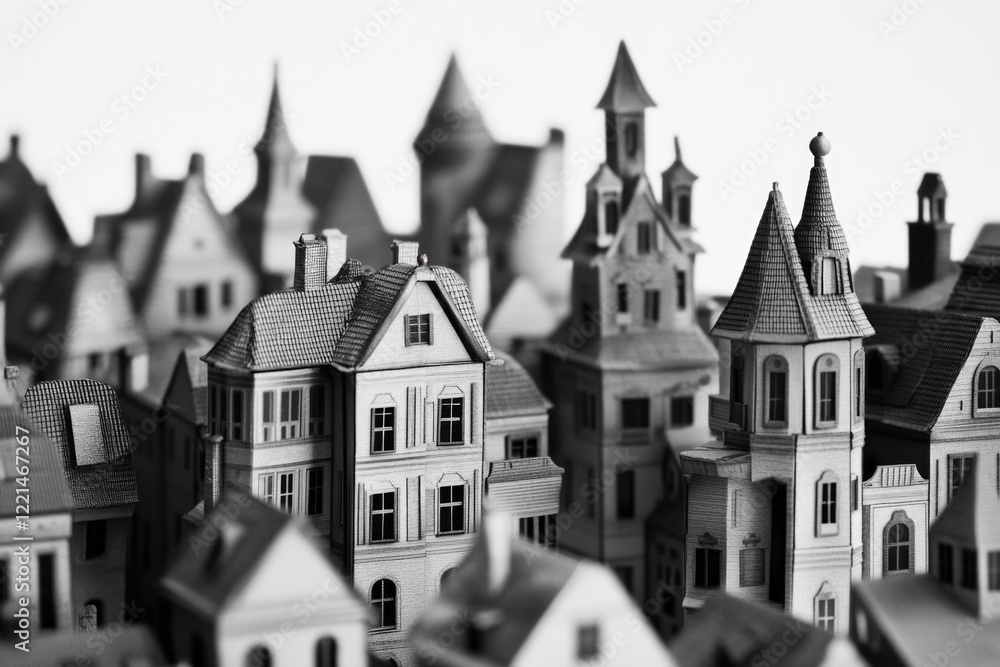 Fototapeta premium A collection of houses in monochrome tones, perfect for use in historical or vintage-themed projects
