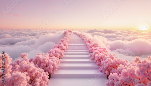 Ethereal staircase ascending into clouds at dawn, journey to serenity