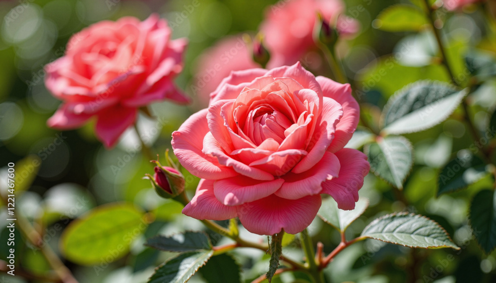 Vibrant roses blooming in sunny garden, springtime renewal