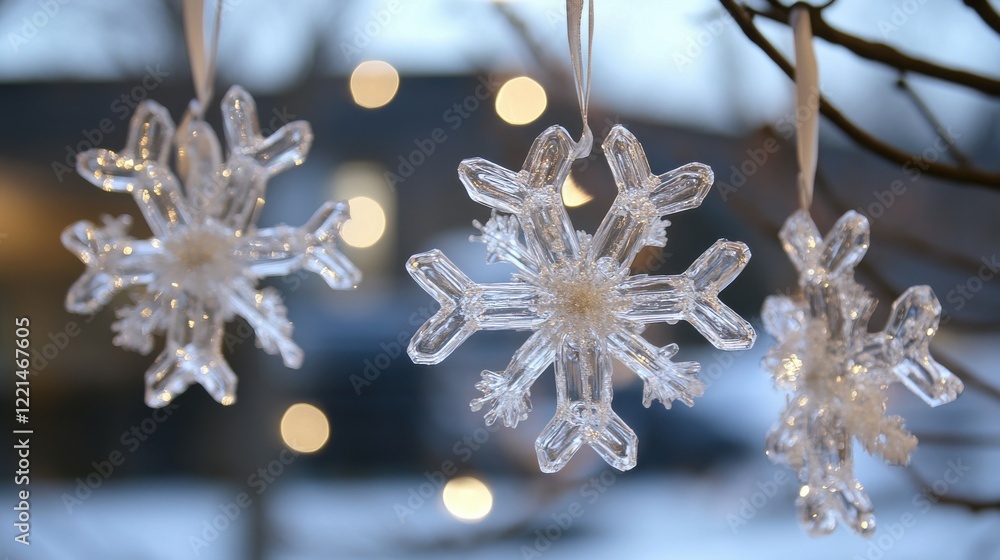 Glass snowflake ornaments hanging outdoors with bokeh lights Glass snowflake ornaments hanging outdoors with bokeh lights