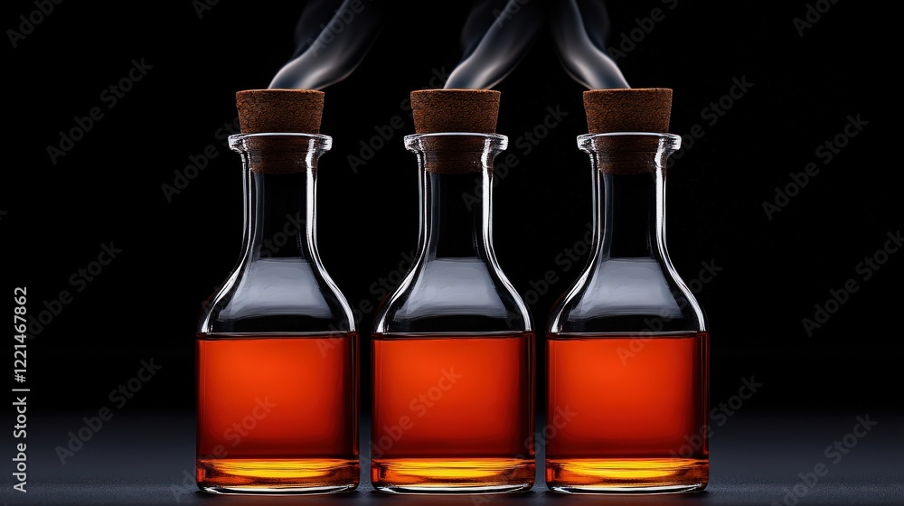 Amber Elixir Trio: Three elegant glass decanters filled with a rich, amber liquid, capped with corks, and emitting subtle wisps of smoke against a dramatic black backdrop. Amber Elixir Trio: Three elegant glass decanters filled with a rich, amber liquid, capped with corks, and emitting subtle wisps of smoke against a dramatic black backdrop.