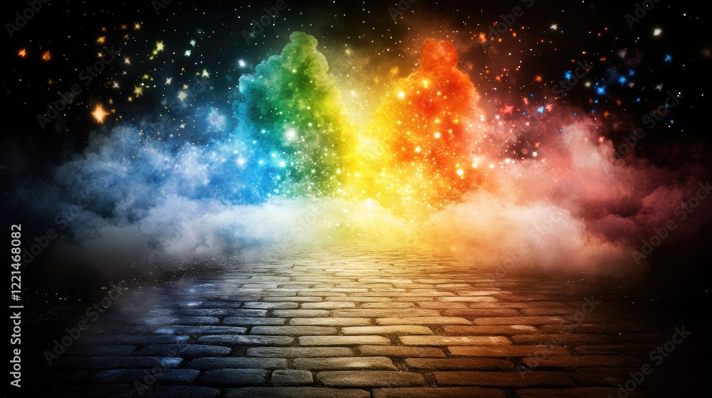 Fototapeta premium Rainbow Lights and Smoke on Cobblestone Path at Night