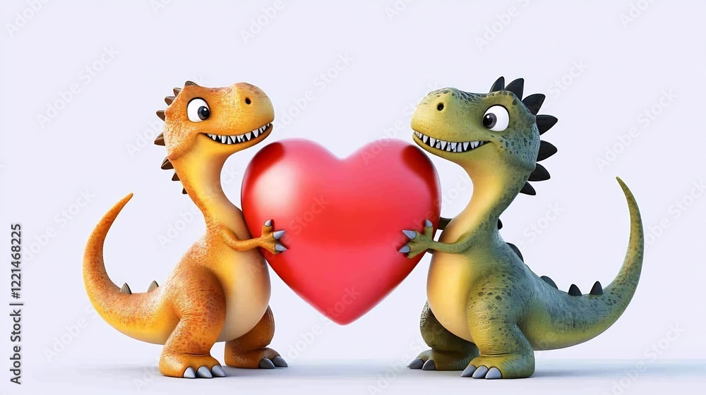 Fototapeta premium Cartoon dinosaurs holding red heart playful and joyful perfect for whimsical Valentines cards or cheerful decor