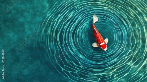 Red Koi Fish Swimming In Teal Water Ripples, Top View