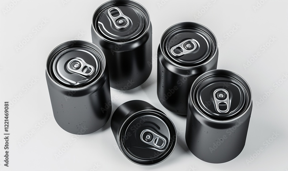 Mockup of black beverage cans on a white backdrop, Generative AI. Mockup of black beverage cans on a white backdrop, Generative AI.