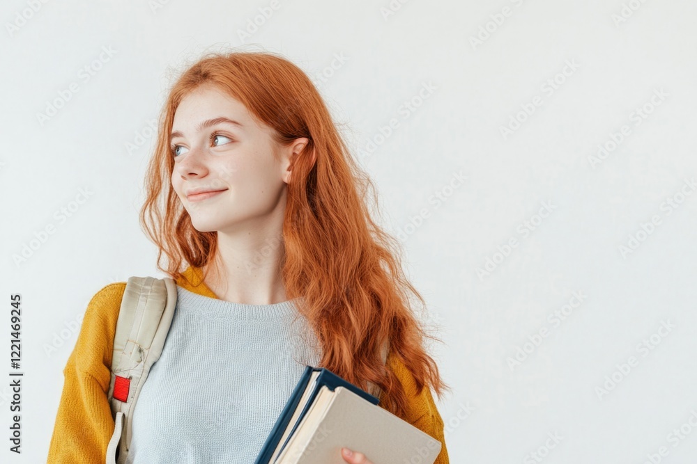 Obraz premium A woman with vibrant red hair holds a book, possibly a sign of intelligence or love for reading
