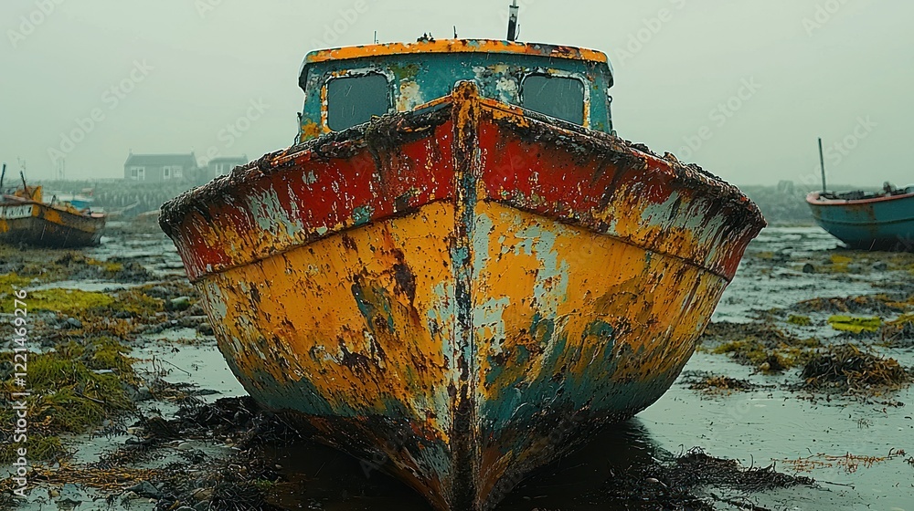 Abandoned boat on the coast, weathered and painted in faded colors, resting on the sea shore during a cloudy day Abandoned boat on the coast, weathered and painted in faded colors, resting on the sea shore during a cloudy day