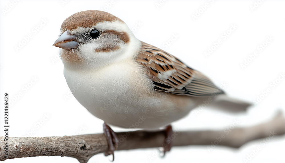 Snow Bunting bird perched on a branch with detailed feathers against a white background Snow Bunting bird perched on a branch with detailed feathers against a white background