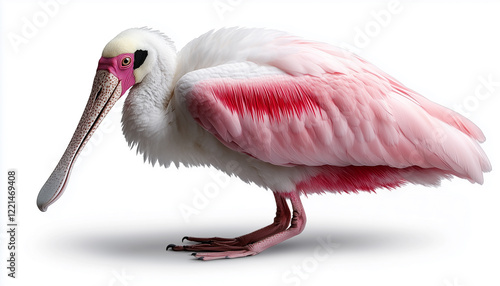 Roseate spoonbill in vibrant colors on white background showcasing detailed plumage and features photo