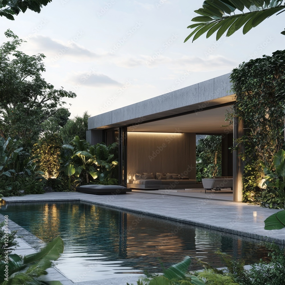A stunning modern house design featuring large open spaces, a sleek swimming pool, and beautifully landscaped gardens framed by abundant, lush tropical greenery. A stunning modern house design featuring large open spaces, a sleek swimming pool, and beautifully landscaped gardens framed by abundant, lush tropical greenery.