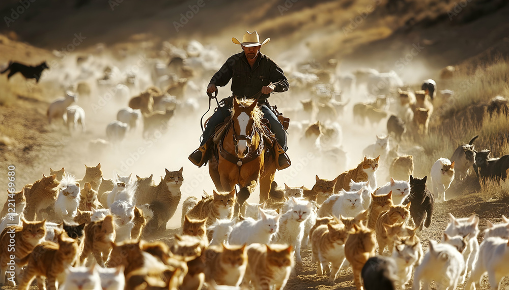 Fototapeta Herding Cats: Cowboys herd cats like a rodeo with horses