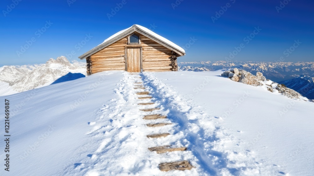 Secluded Wooden Cabin on Snowy Mountain Peak Under a Bright Blue Sky Secluded Wooden Cabin on Snowy Mountain Peak Under a Bright Blue Sky