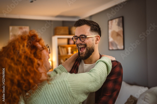 Fotografie man and woman couple in love have slowly romantic dance at home