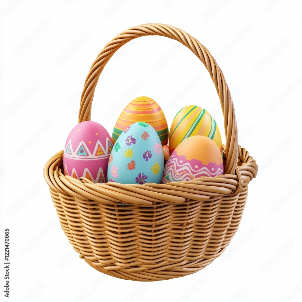 Naklejka premium 3D icon cartoon basket filled with Easter eggs, isolated on a white background --quality 2