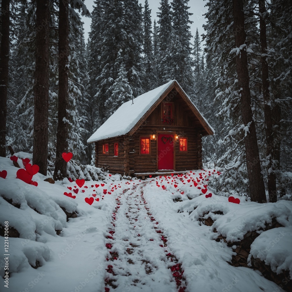 Naklejka premium A snowy path lined with red heart decorations leading to a cozy cabin.