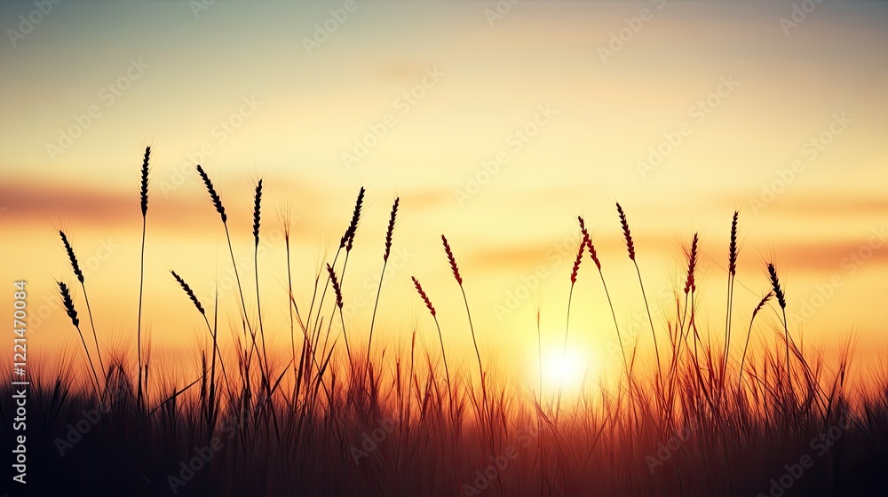 Silhouetted Grass at Sunset, Warm Orange and Yellow Sky, Peaceful Nature Landscape Silhouetted Grass at Sunset, Warm Orange and Yellow Sky, Peaceful Nature Landscape