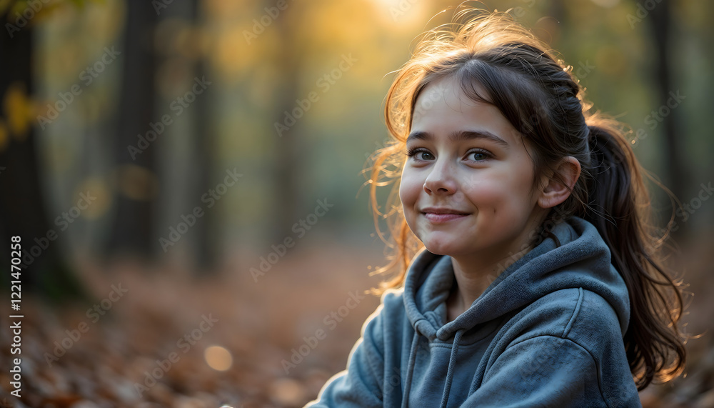 Smiling girl in a gray hoodie sitting in the forest with a copy space for text Smiling girl in a gray hoodie sitting in the forest with a copy space for text