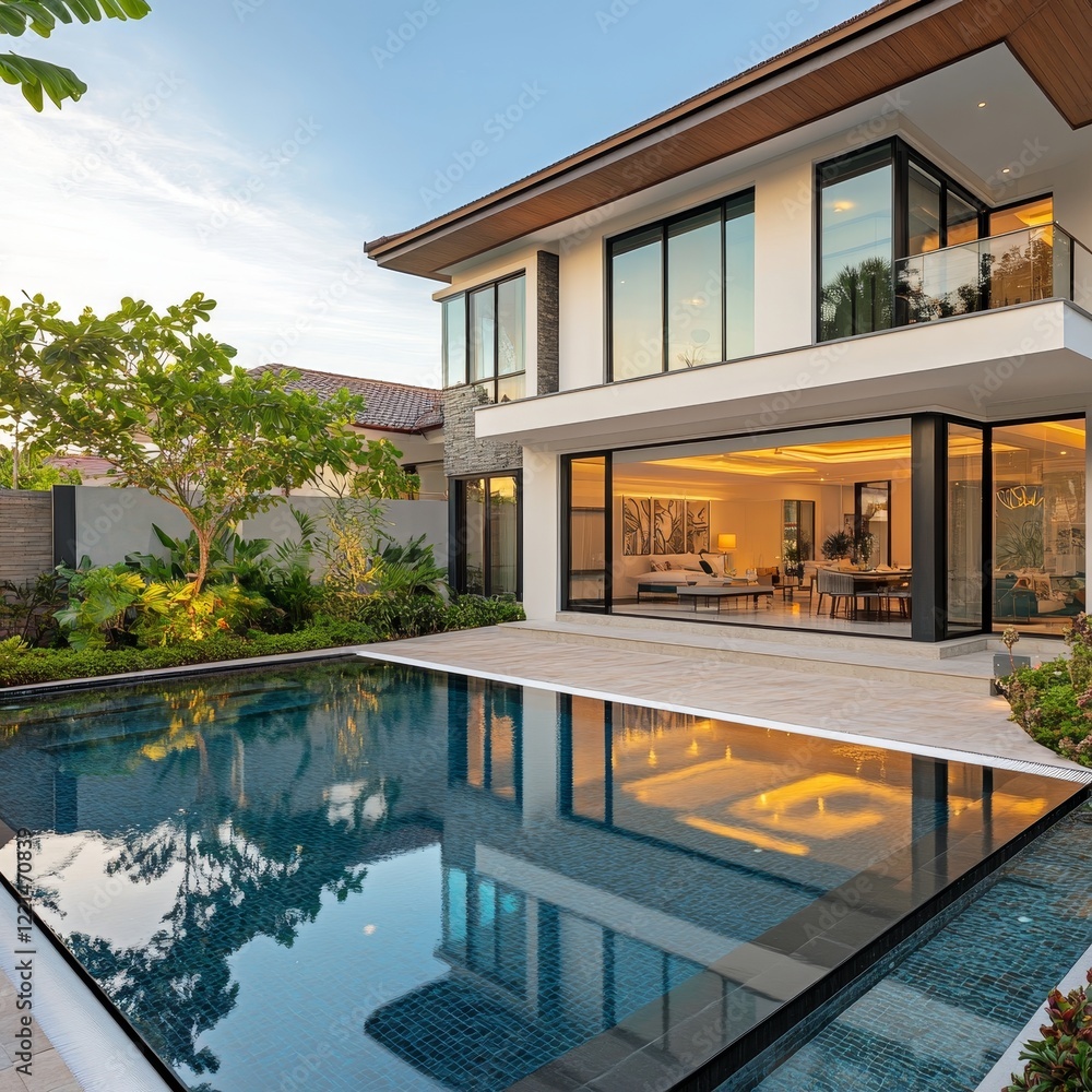 A luxurious two-story home with extensive glass walls overlooking a sparkling pool, beautifully illuminated by warm interior lights and surrounded by lush greenery. A luxurious two-story home with extensive glass walls overlooking a sparkling pool, beautifully illuminated by warm interior lights and surrounded by lush greenery.