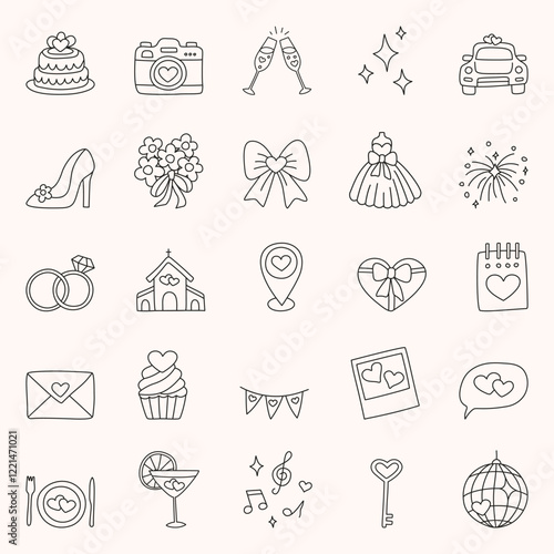 Wedding doodle icon set - church, heart, rings, glasses, car, bow, star, sparkle, dress, cake, geotag, envelope. Hand drawn vector marriage symbol for decoration invitation, card on white background.