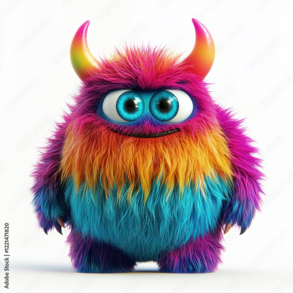 Naklejka premium 3D icon cartoon colorful furry monster with tiny horns, isolated on a white background --quality 2