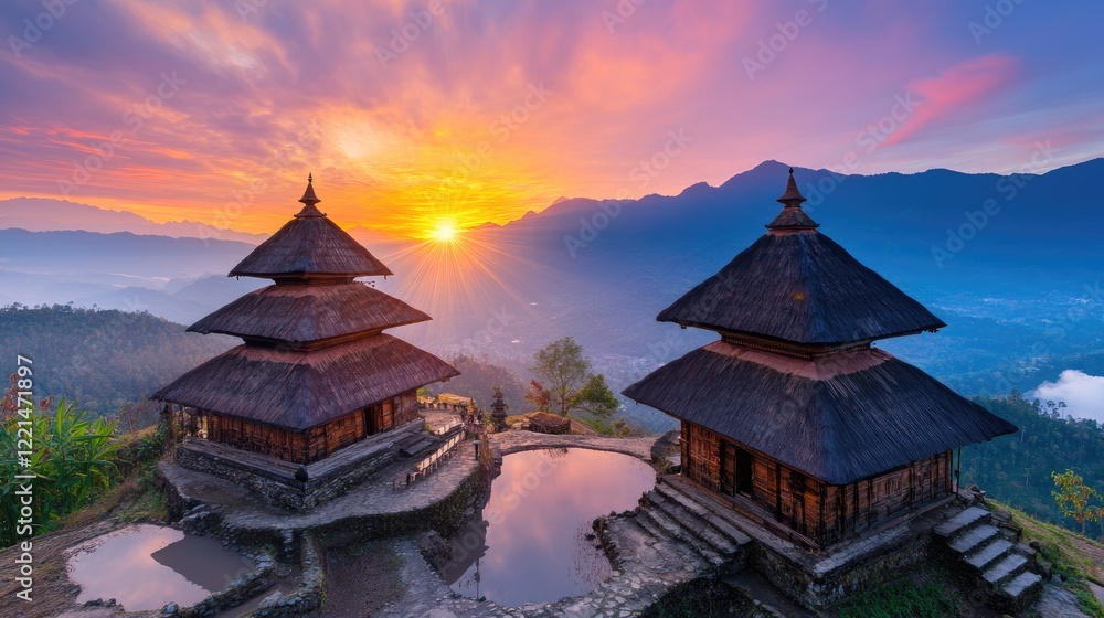 Obraz premium Twin Temples at Sunrise in Mountainous Asian Landscape