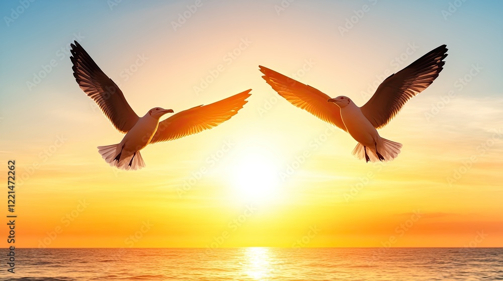 Fototapeta premium Two Seagulls Flying at Sunset Over a Calm Ocean