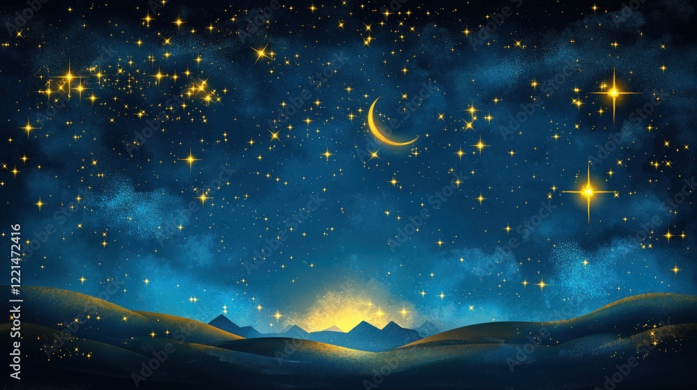 Naklejka premium Dreamy night sky with glowing stars, crescent moon, and rolling hills