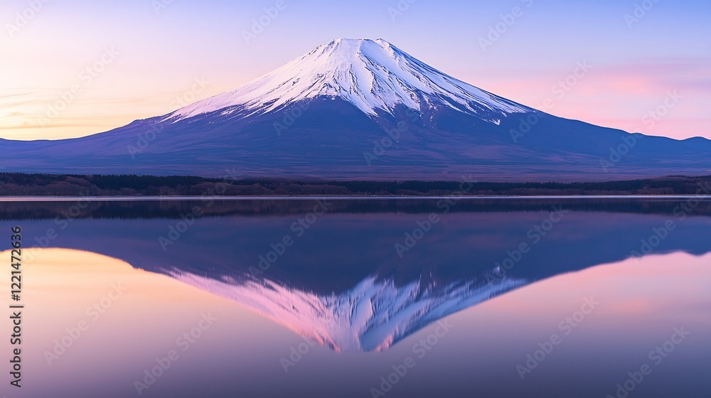 Majestic Mount Fuji Reflected in Calm Lake at Dawn with a Stunning Pink and Blue Sky Majestic Mount Fuji Reflected in Calm Lake at Dawn with a Stunning Pink and Blue Sky